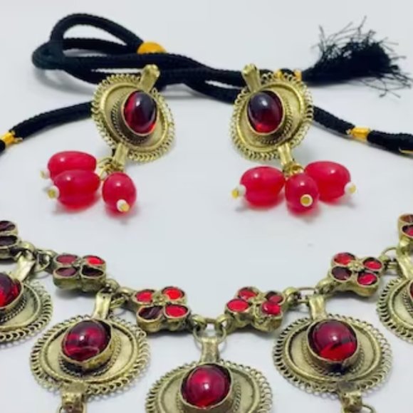 Afghani Stone Jewelry Set, Handmade Choker Necklace With Earrings, Tribal Jewelr - Picture 5 of 9